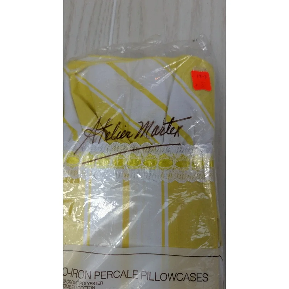 Atelier Martex 2 Standard Pillowcases Yellow White Striped Percale vintage lace